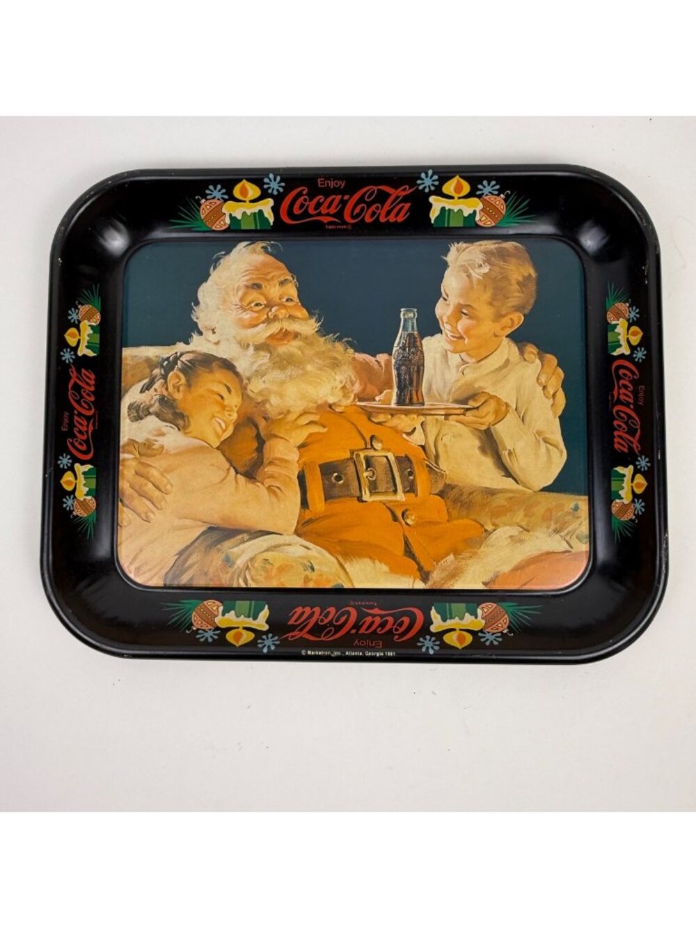 1981 Markatron Enjoy Coca-Cola Christmas Metal Serving Tray Retro Santa Claus wi